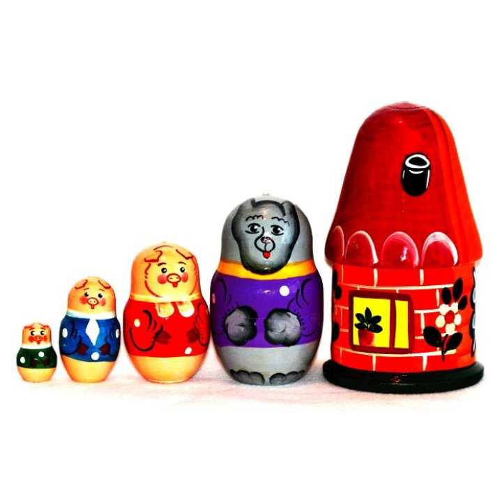 Матрешка "Три поросенка" (5 в 1: дом, волк, 3 поросенка) арт.Р-45/932 (РНИ) /24