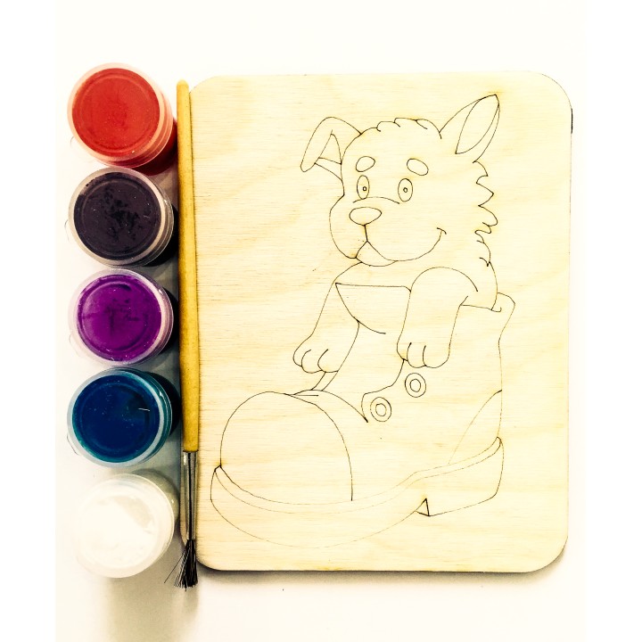 Дощечка под роспись "Щенок в ботинке" с красками и кисточкой арт.7811 (11*14 см.)