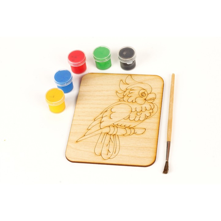 Дощечка под роспись "Попугай" с красками и кисточкой арт.7804 (11*14 см.)