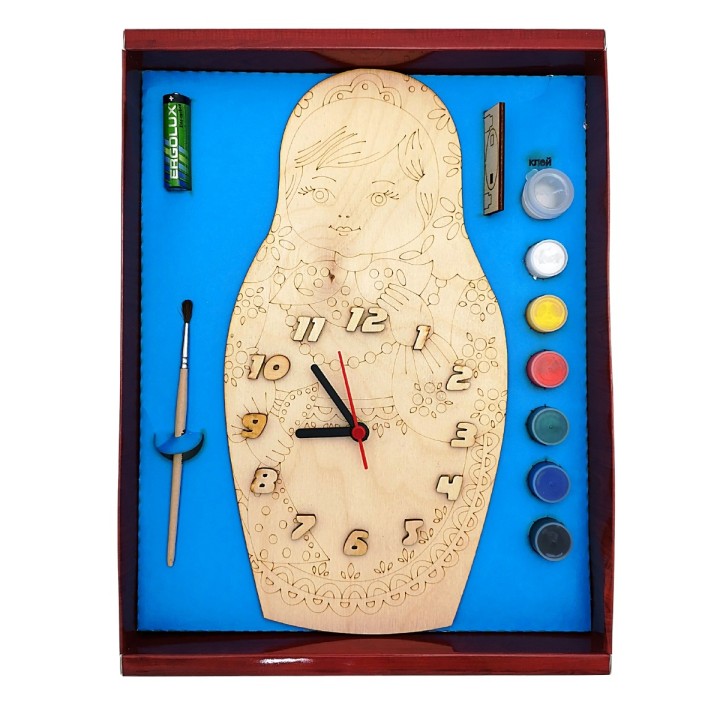 Часы с циферблатом под роспись "Матрешка" с красками арт.ДНИ125 /20