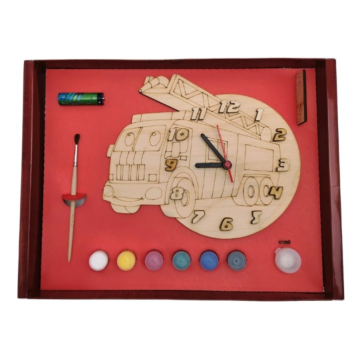 Часы с циферблатом под роспись "Машина пожарная" с красками арт.ДНИ130