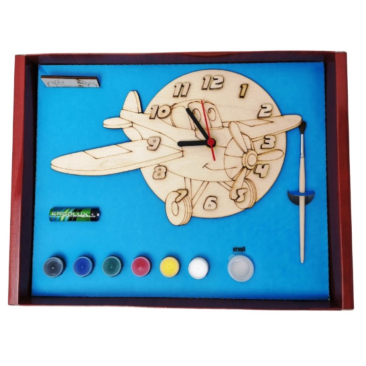 Часы с циферблатом под роспись "Самолет" с красками арт.ДНИ131