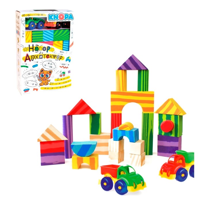 KNOPA. Набор "Архитектор" 27 мягких элем. 2 машинки арт.87011 /4 (Пластмастер)