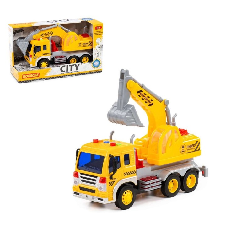 Полесье. Автомобиль инерционный "Сити" экскаватор свет, звук (жёлтый) (в коробке) арт.86365 /8