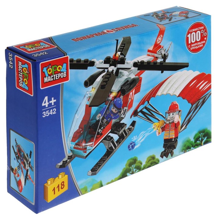 Город мастеров. Конструктор арт.3542-R "Пожарный вертолет с парашютистом" 118 дет.
