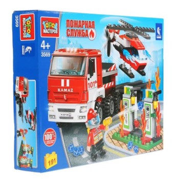 Город мастеров. Конструктор арт.3569-R "Пожарный камаз перевозчик с вертолетом" 191дет.