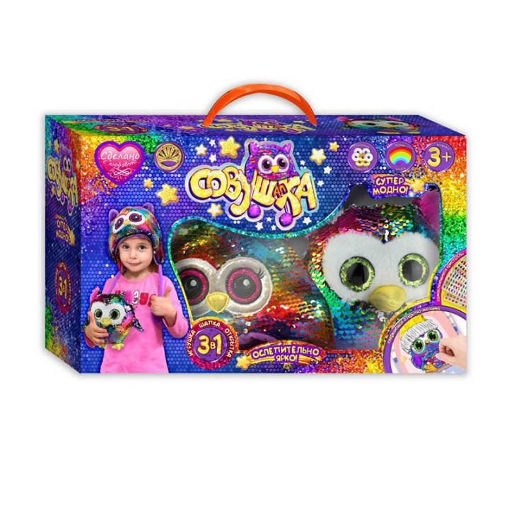 Лапландия. Набор 3/1 "Совушка"с пайетками (шапка+игрушка+открытка) арт.68222