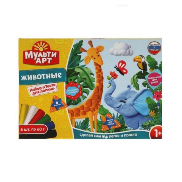 MultiArt. Тесто для лепки "Животные" 24 см 6 цв. по 60 г+ формочки арт.PDSET-MULTIART4