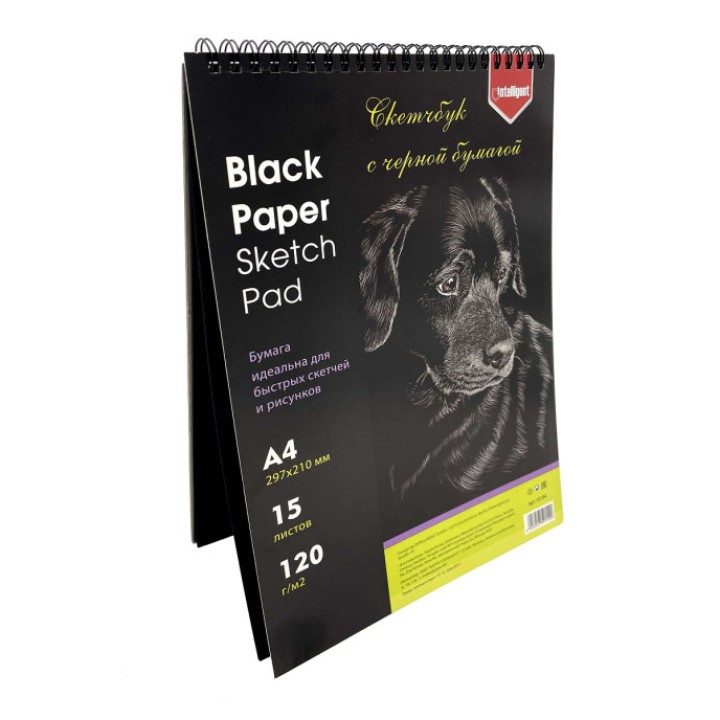 Intelligent. Скетчбук-блокнот 15л. чёрная бумага, на гребне А4 арт.CC-54