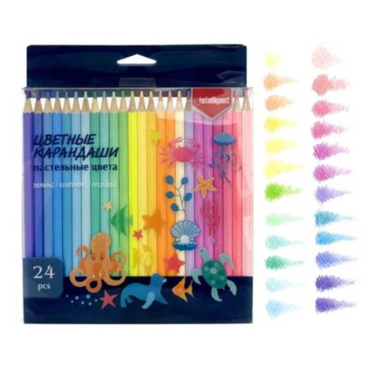 Intelligent. Карандаши 24 цв. "Морские обитатели" шестигр, пастельные цвета, в пласт. кор. арт.CI-1