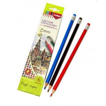 Intelligent. Карандаши 6 цв. с ластиком, пластик, трехгранные, в выдвижной к/к арт.BS-327