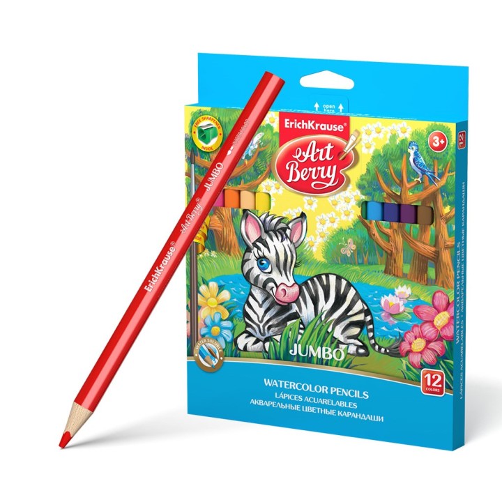 ErichKrause® Набор акварельных карандашей "ArtBerry® Jumbo" трехгр 12 цв с кист и точилкой арт.32477