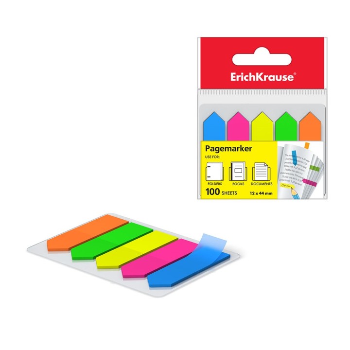 ErichKrause® Закладки пластиковые с клеевым краем "Neon Arrows" 12х44 мм, 100 л, 5 цв. арт.31178
