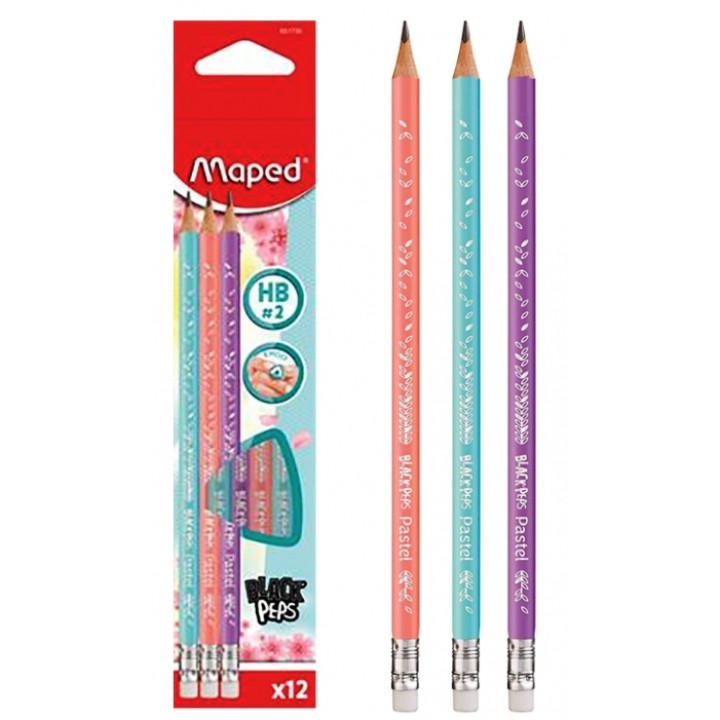 Maped. Карандаш чернографитный "Black Peps" (3 шт) с ластиком, корпус пастел. цв. арт.851719