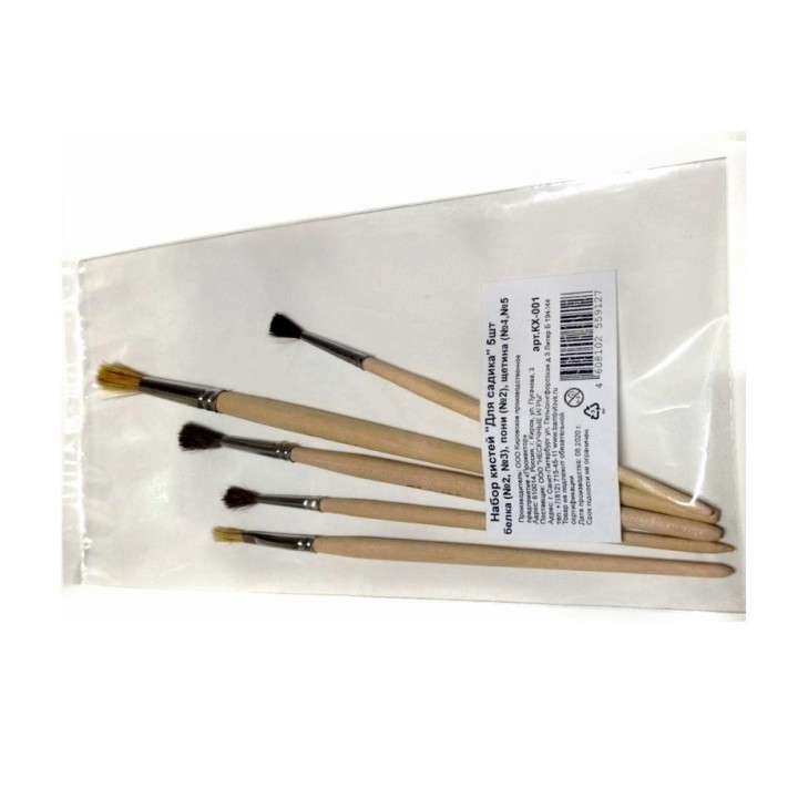 Набор кистей "Для садика" 5шт: белка (№2, №3), пони (№2), щетина (№4, №5) арт. КХ-001