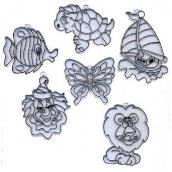 AMOS.23860 Витражи-мини "Рыбка,бабочка,лев,клоун,черепаха,кораблик" 6 шт.