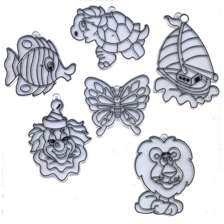 AMOS.23860 Витражи-мини "Рыбка,бабочка,лев,клоун,черепаха,кораблик" 6 шт.