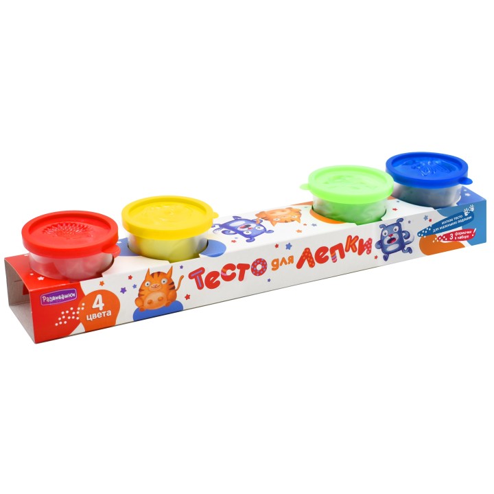 Развивашки.П131 Тесто для лепки в банке 4 цв. 70гр + 3 формочки /20