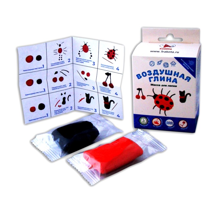 Ракета. Масса для лепки "Воздушная глина" набор "Божья коровка" 2 цвета 80 мл. красн.черн.