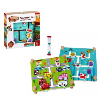 MAPACHA. 76851 Лабиринт двухсторонний 2в1 "Транспорт и море" с песочными часами, 23х5х23 см