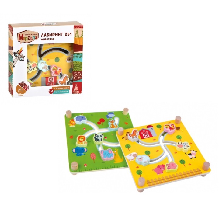 MAPACHA. 76820 Лабиринт двухсторонний 2в1 "Животные" с песочными часами, 23х5х23 см