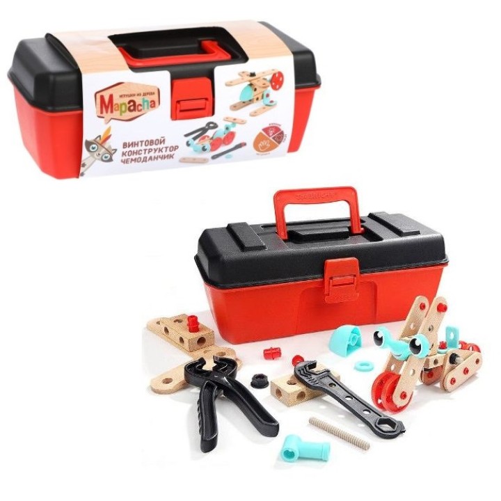 MAPACHA. 76784 Винтовой конструктор "Чемоданчик": 30 деталей, инструменты, пластик + дерево