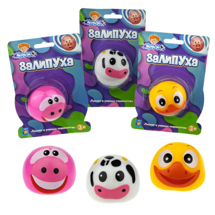 Мелкие пакости. Жмяка "Залипуха" липнет к ровным поверхностям (корова, свинья, утка) 6см, арт.Т17003