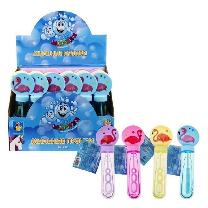 Мы-шарики.Т17219 Мыльные пузыри колба с кругляшом "Фламинго" 38 мл (поштучно) (в боксе 24 шт)