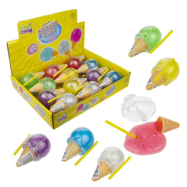 Слайм тайм. Надувная мяшка "Bubble Gum Мороженое" 6 цв. 50 гр, 8,5х4,5см с трубочкой, арт.Т17816