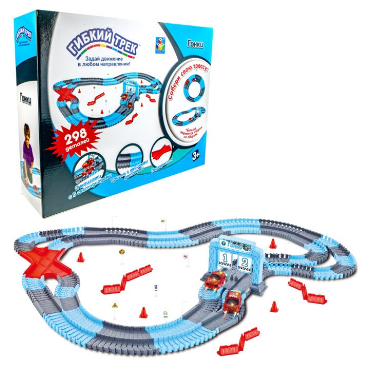Гибкий трек Т20858 "Гонки" 298 дет, финишные ворота, перекресток, дорожные знаки, 2 машинки