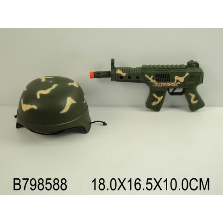 Автомат-трещотка озвуч., искрит, с каской арт.B798588/563 в сетке 18*17*10см