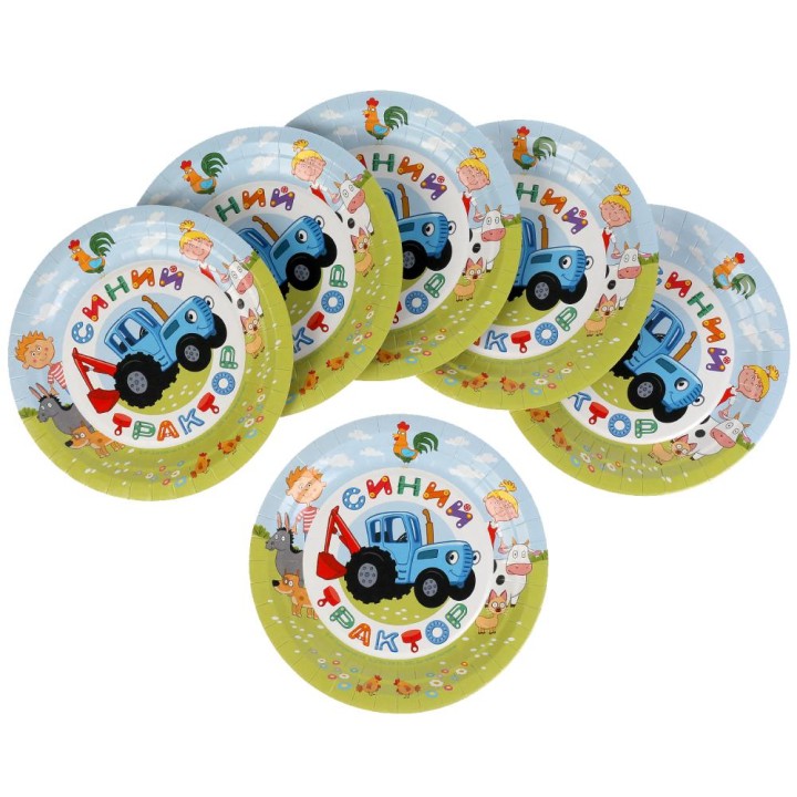 Веселый праздник. Тарелки бумажные "Синий трактор" 6 шт 18 см, пакет+ хедер, арт.PP-53665-BT