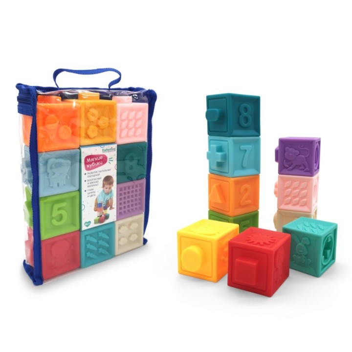 Elefantino. Мягкие кубики 10 шт. с выпуклыми элем. яркие цвета, в сумочке 17*6*23 см.арт.IT106445