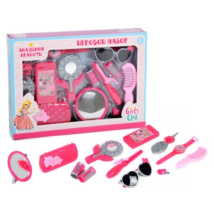 Girl's club. Набор "Модница" (ключи с брелк, телеф, сумочка, зеркало, часы,плойка,очки) арт.IT105220