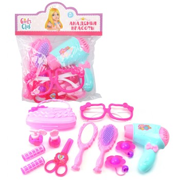 Girl's club. Набор "Модница" (фен, расчески, зеркало, 2 резиночки, бигуди, сумочка) арт.IT106436