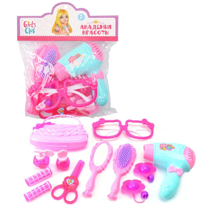 Girl's club. Набор "Модница" (фен, расчески, зеркало, 2 резиночки, бигуди, сумочка) арт.IT106436
