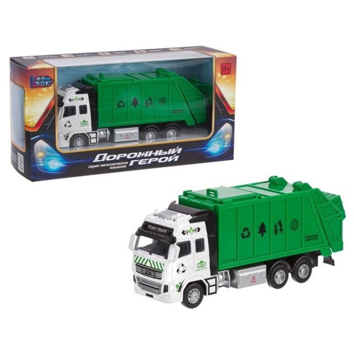 BeBoy. Машинка инерционная "Мусоровоз" (металл.) подв. эл, свет, звук, резин. покрышки, арт.IT107380