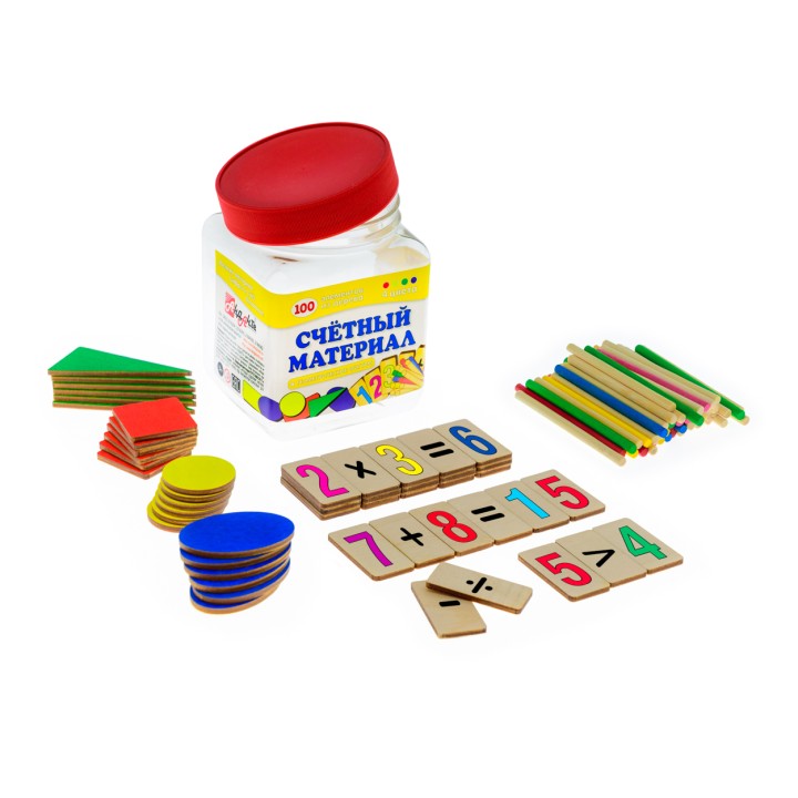 Анданте. Д560а Счетный мат. "Геометрические фигуры" 100 эл.(цифры и знаки 26шт)+24 формы+50 палочек