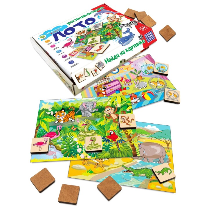 Анданте. RDI-D652a Развивающее лото Найди на картинке. "Животные" (36 фишек+6 карточек+мешочек)