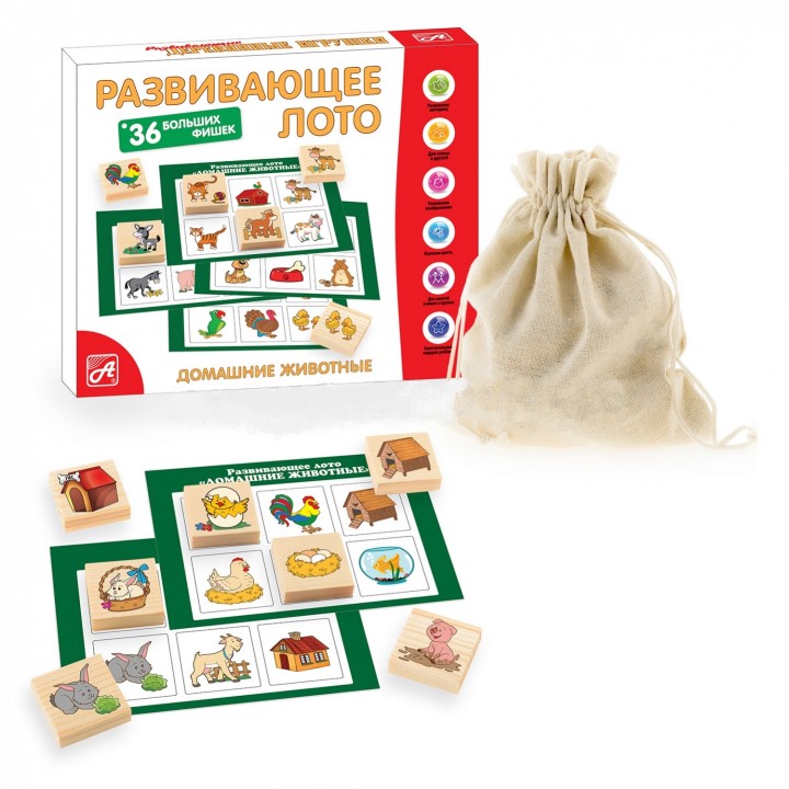 Анданте. Д462а Развивающее лото "Домашние животные" (36 дер. фишек + 6 карточек + холщ. мешочек)