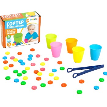 Zabiaka. Набор для сортировки "Сортер стаканчики. Цветные фишечки" с пинцетом арт.3970865