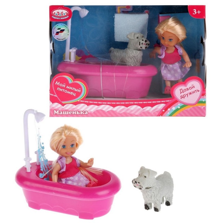 Карапуз. Кукла "Машенька" 12см. в наборе ванна с душем, питомец, аксесс. арт.MARY018X-RU