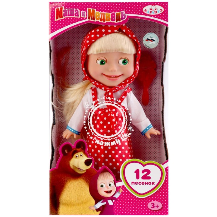 Карапуз. Кукла "Маша и медведь. Маша" 30см. озвуч.12 песен, Платье в горошек, в коробке, арт.Y83030B