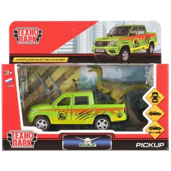 Технопарк. Модель "Uaz Pickup. Сафари" арт.PICKUP-DINO 12см, открыв двери, инерц.