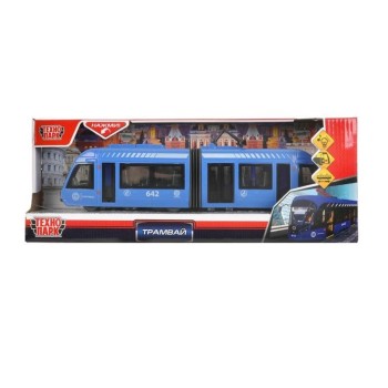 Технопарк. Трамвай с резинкой пластик свет-звук 30 см, двери, синий арт.TRAMNEWRUB-30PL-BU
