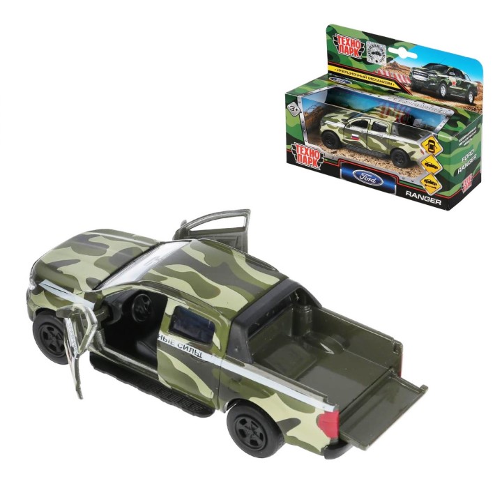 Технопарк. Модель "Ford Ranger. Пикап военный" арт.SB-18-09-FR-M-WB 12см откр.двери,багажник, инерц.