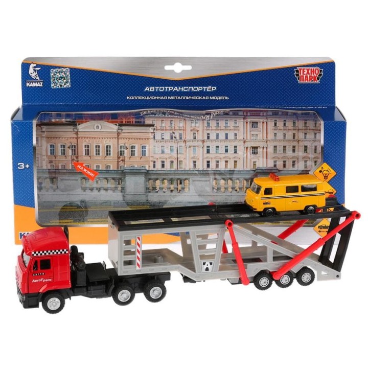 Технопарк. Камаз "Автотранспортер" арт.SB-13-18WB(HUNTER) 33см, свет+звук, инерц+машинка 7,5см