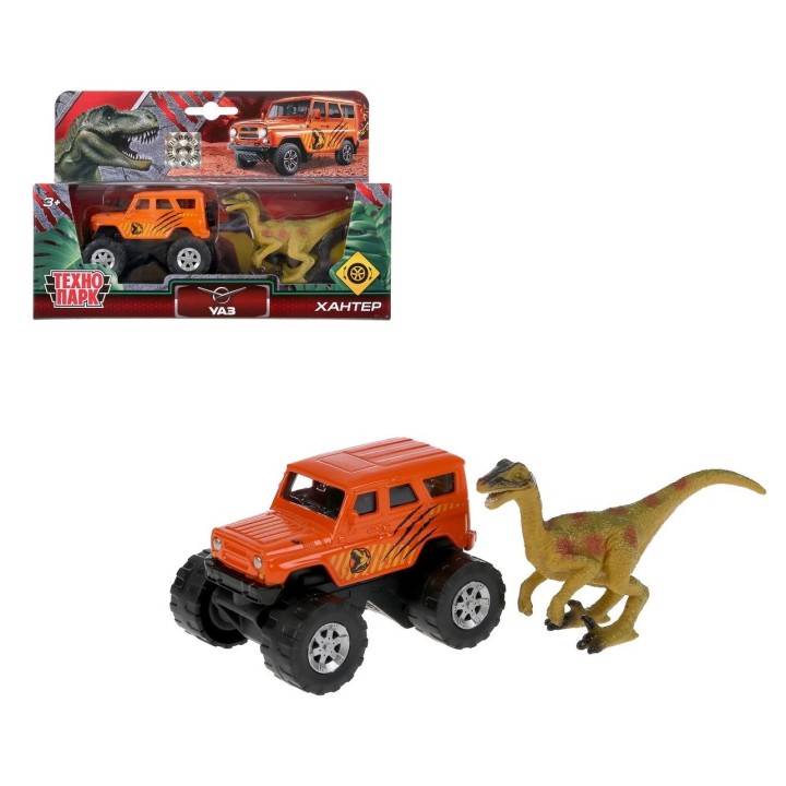 Технопарк. "УАЗ HUNTER" арт.SB-17-01-UH+DINO(WB) 7,5 см + динозавр 9 см, кор.
