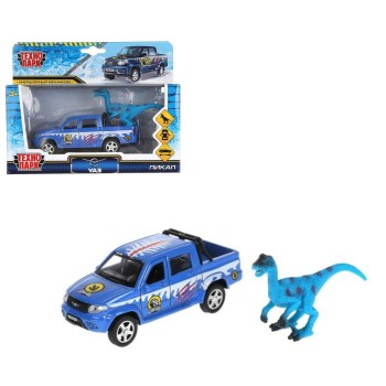 Технопарк. Модель "Uaz Pickup. Снег" арт.PICKUP-12SNOW-DINO 12 см, двери, багаж, инерц, динозавр,