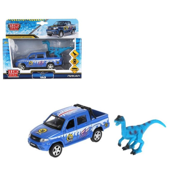 Технопарк. Модель "Uaz Pickup. Снег" арт.PICKUP-12SNOW-DINO 12 см, двери, багаж, инерц, динозавр,